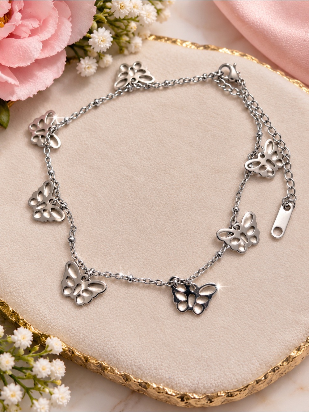 Silver Butterfly Charm Anklet - Silver